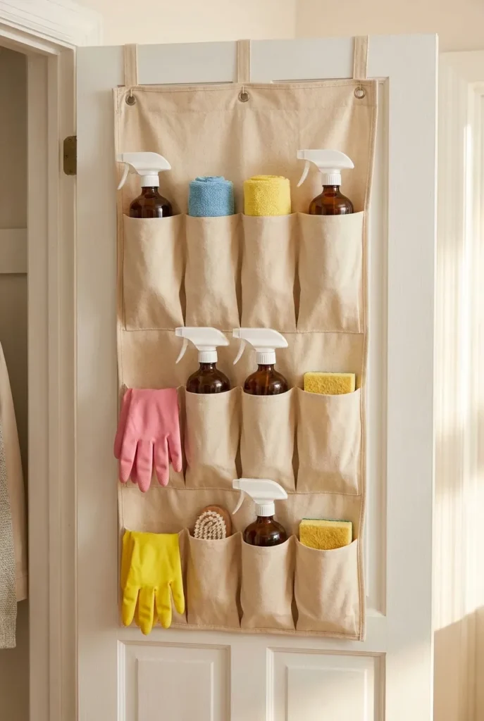 Over-the-door pocket organizer holding spray bottles and cleaning tools