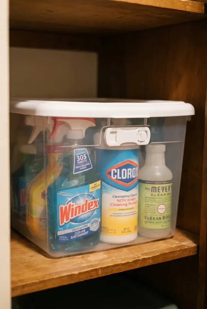 Household chemicals stored low in original bottles inside a latched bin