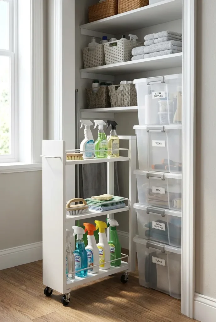 Slim rolling cart and stackable totes organizing a narrow utility closet .Utility Closet Organization