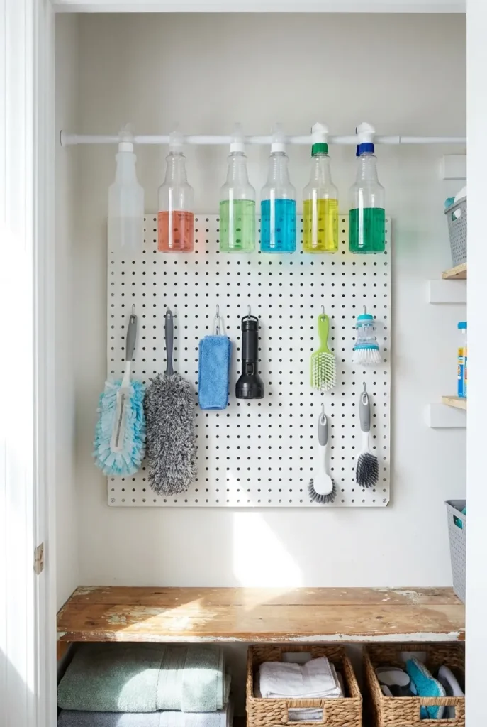 Pegboard and tension rod adding vertical storage in a utility closet