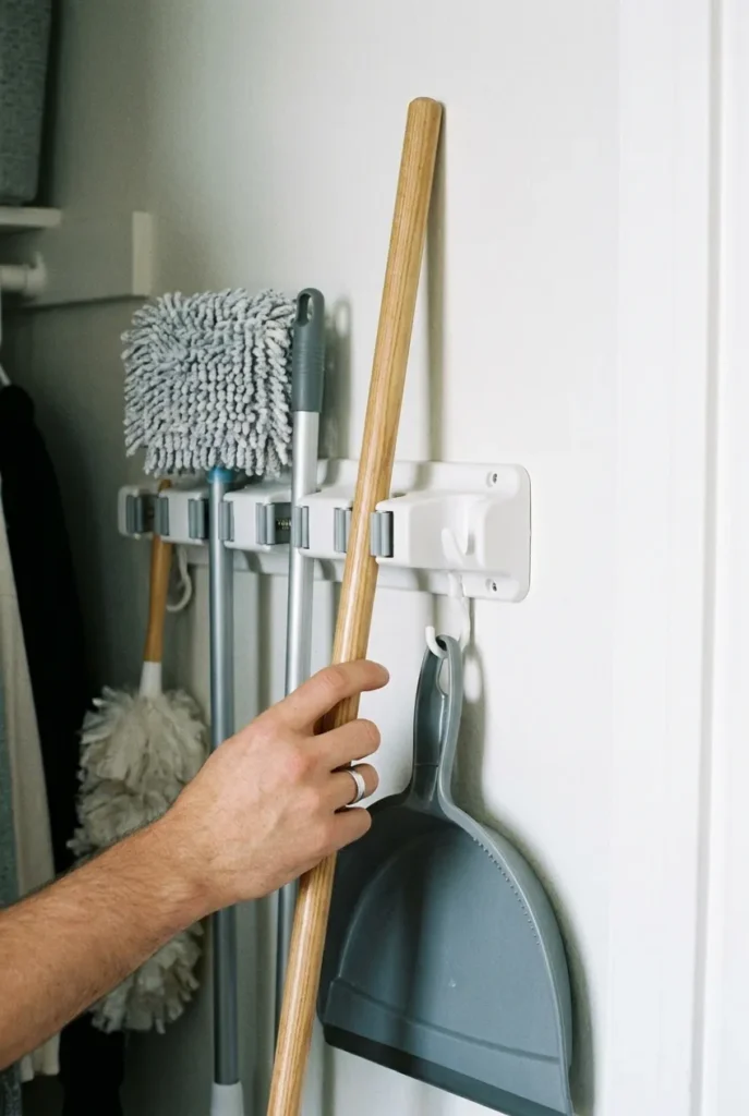 Wall-mounted broom and mop organizer holding cleaning tools off the closet floor