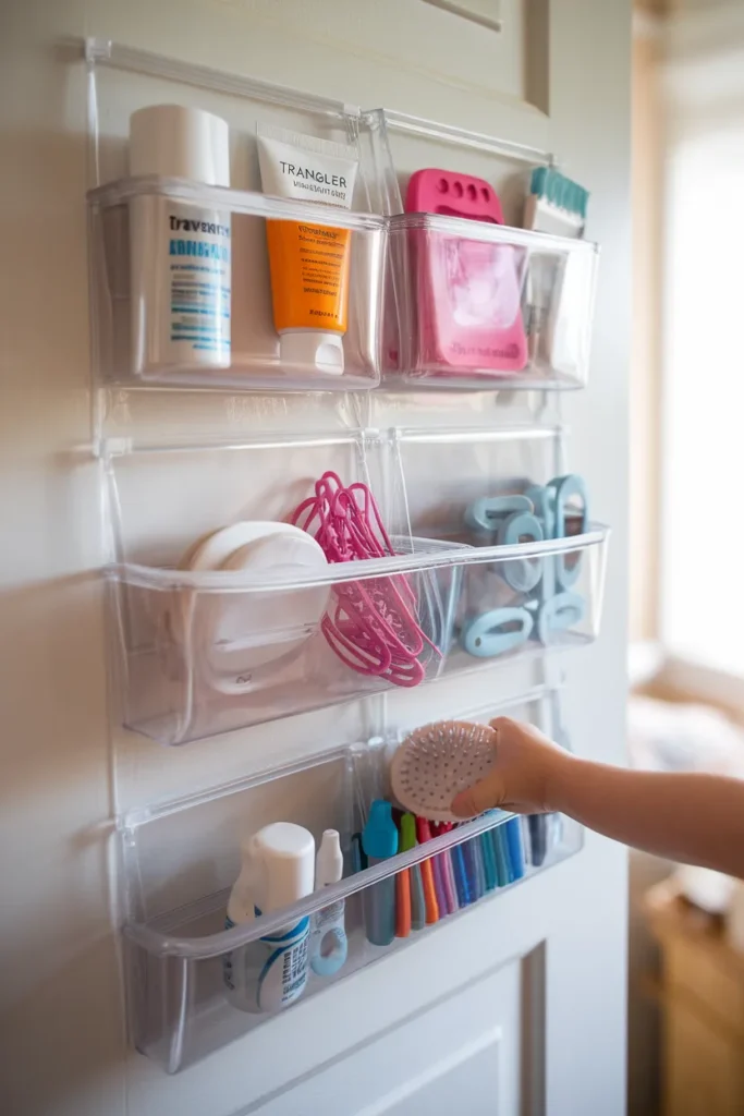 Over-the-door organizer for kids bathroom toiletries, no-drill storage