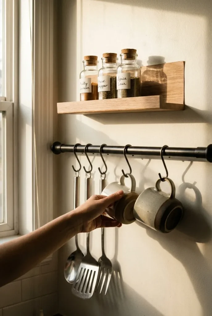 Vertical kitchen storage on a rail and peel-and-stick shelf in a small space