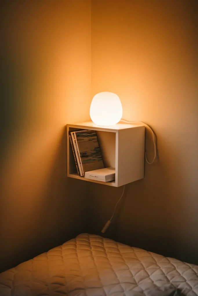 Wall-mounted cube shelf as a small bedroom nightstand with hidden storage