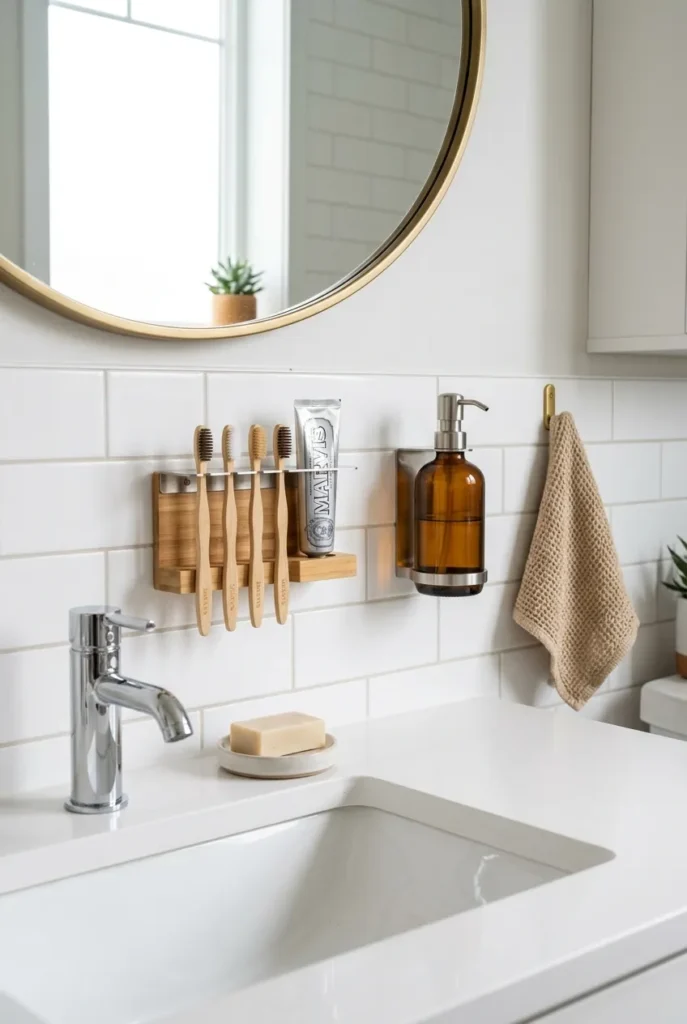 Wall-mounted toothbrush holder freeing up bathroom counter space