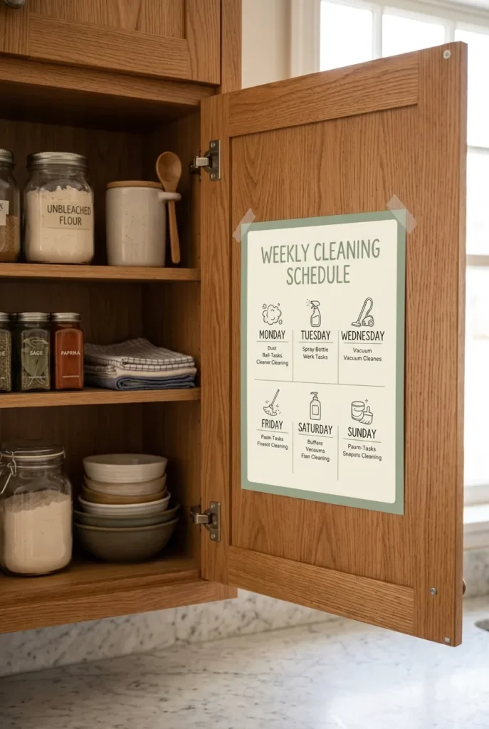 Weekly cleaning schedule for busy moms taped inside a kitchen cabinet door
