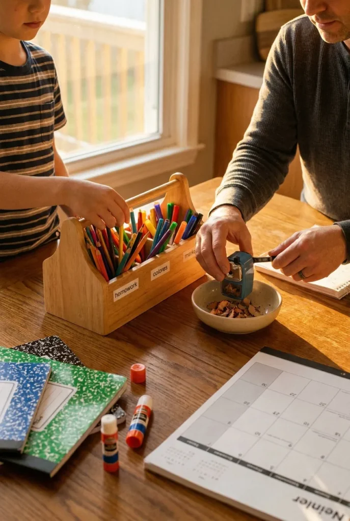 Weekly homework caddy reset routine with a child sorting supplies