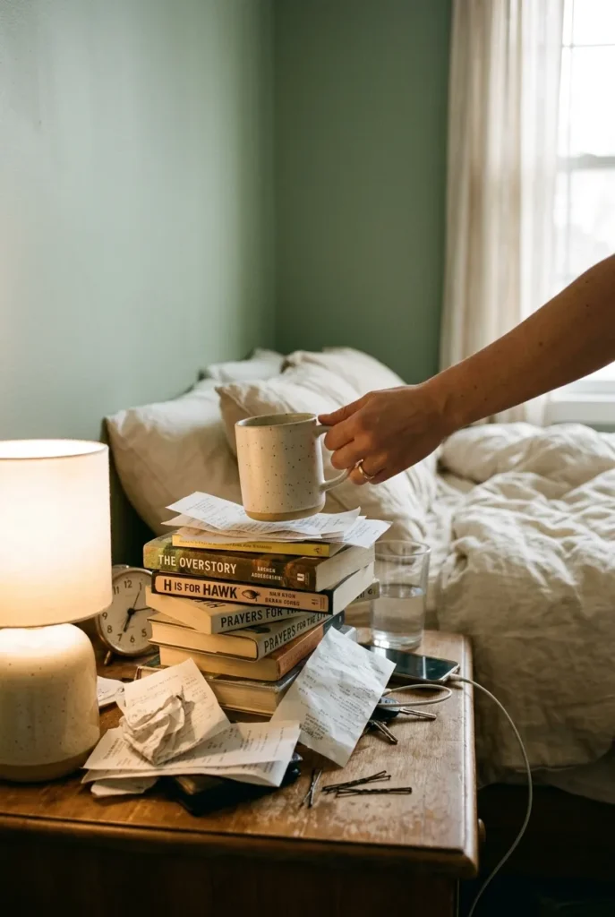 Hand clearing one item from a cluttered nightstand to ease overwhelm. Declutter When You're Overwhelmed