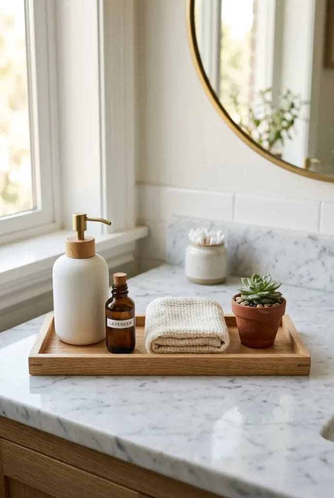 Wooden vanity tray corralling soap and plant for budget bathroom organization