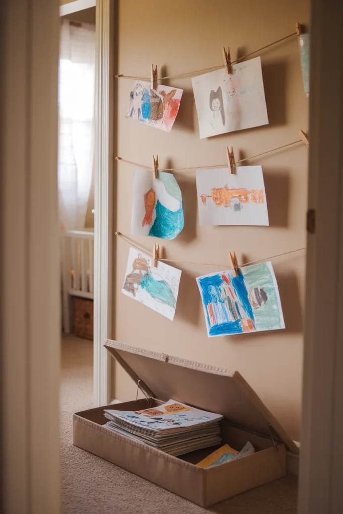 Artwork display wall and flat file box for kids crafts organization