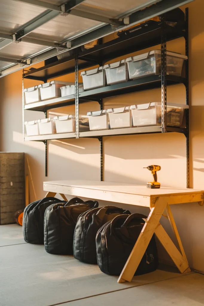 Back wall shelving and fold down workbench for two car garage organization