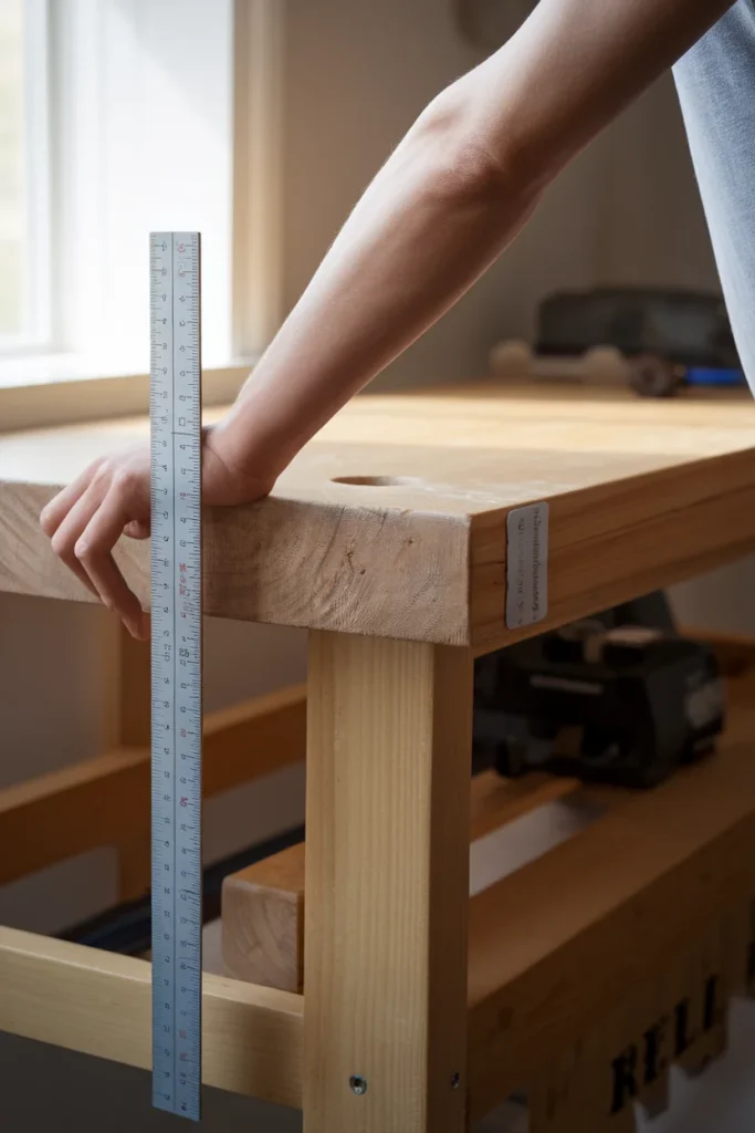 Checking correct workbench height for garage workshop organization at elbow level