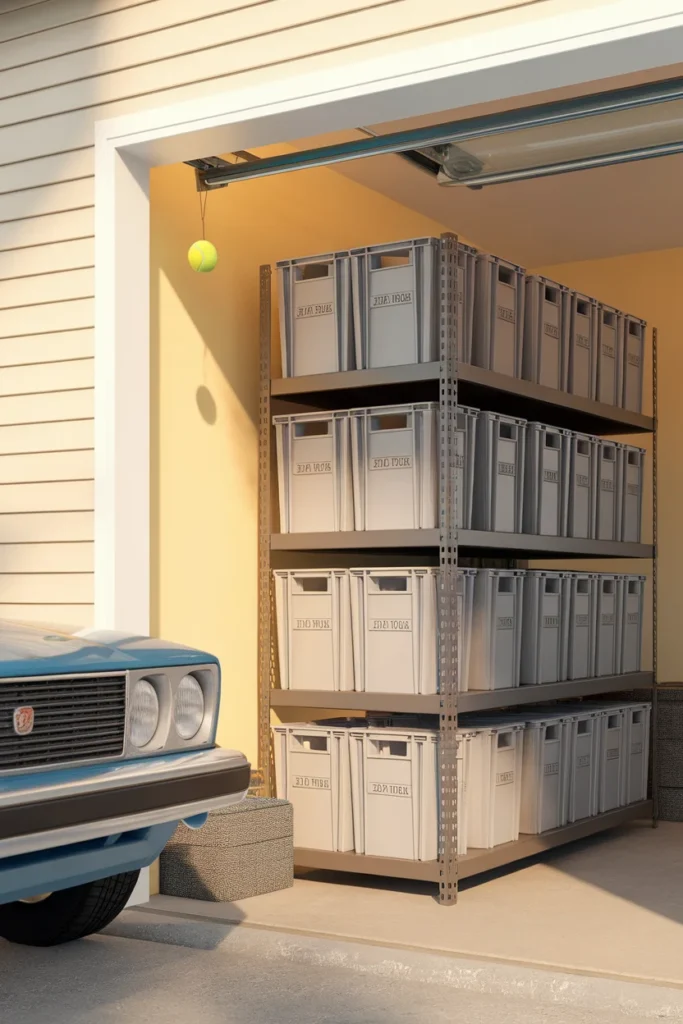 Deep front-wall shelving and a tennis ball park guide for small garage organization