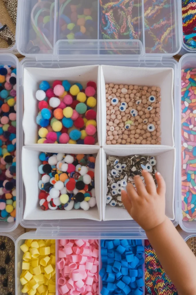Divided clear bin for small parts in kids crafts organization