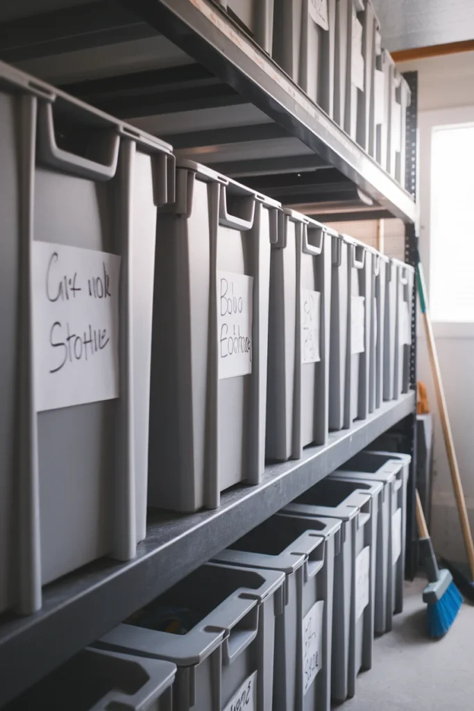 Double-labeled stacking bins on a garage shelf for lasting small garage organization