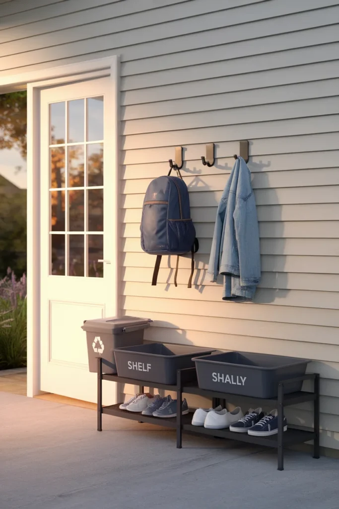 Drop zone by the house door in a two car garage organization layout