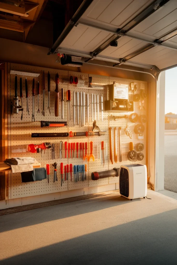 Finished garage tool organization wall with tools hung in rows and a dehumidifier running