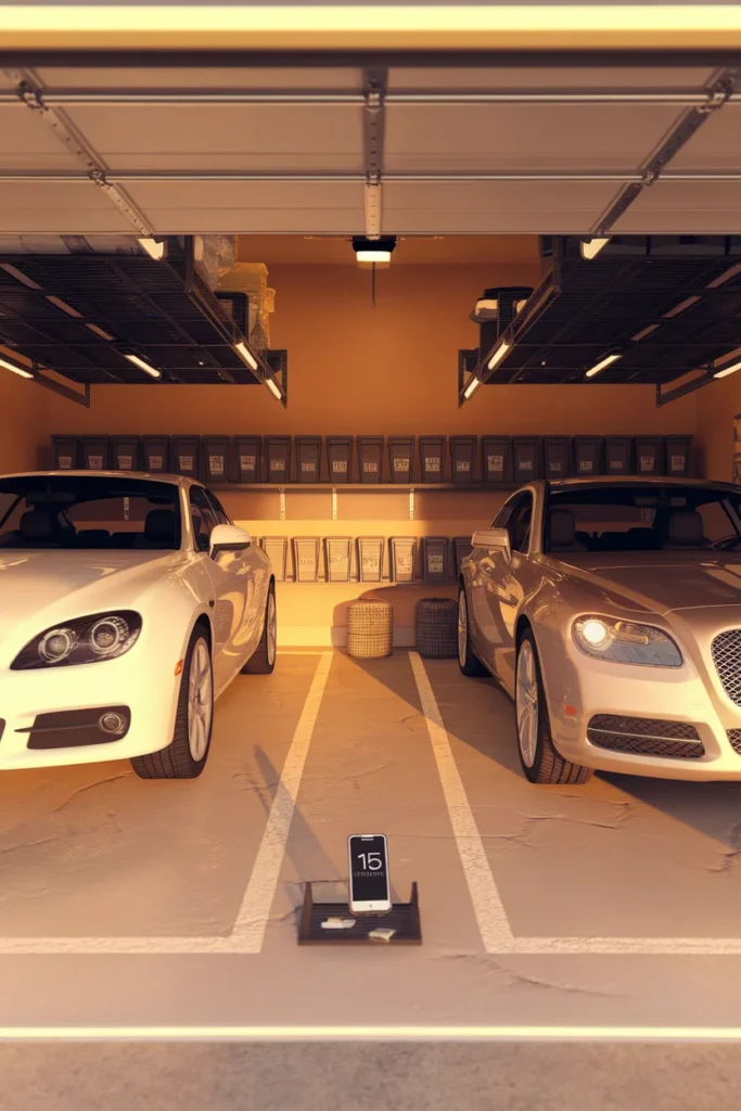 Finished two car garage organization with both cars parked and zones labeled
