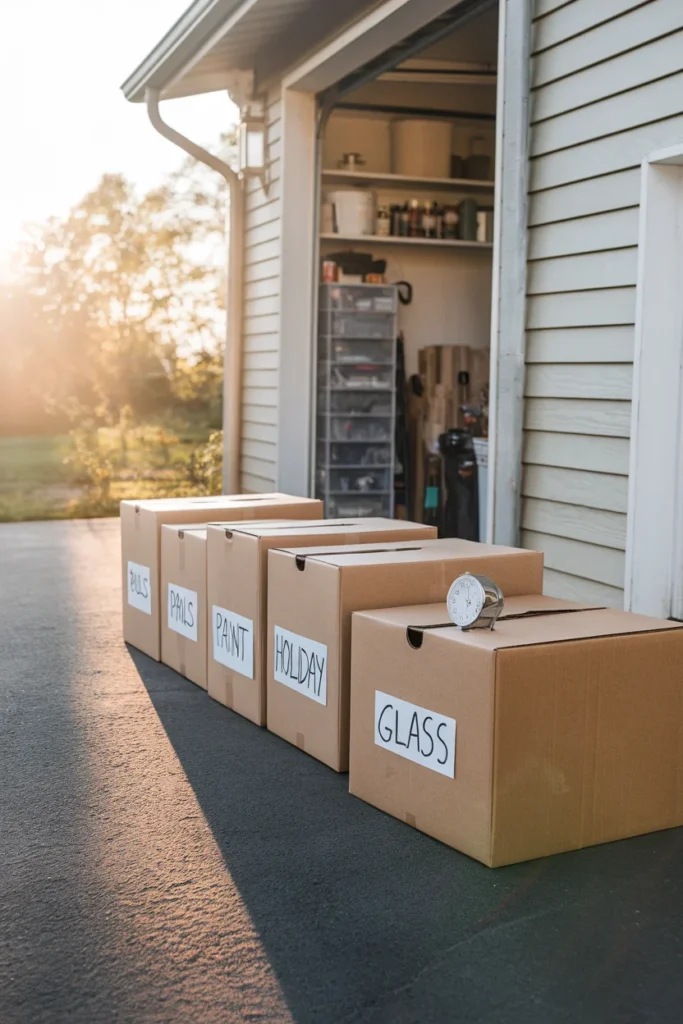 Four-pile driveway sort for small garage organization keep, relocate, donate, recycle