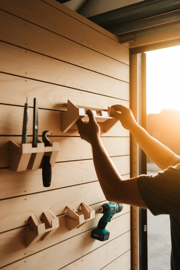 French cleat garage tool organization wall with removable plywood tool holders