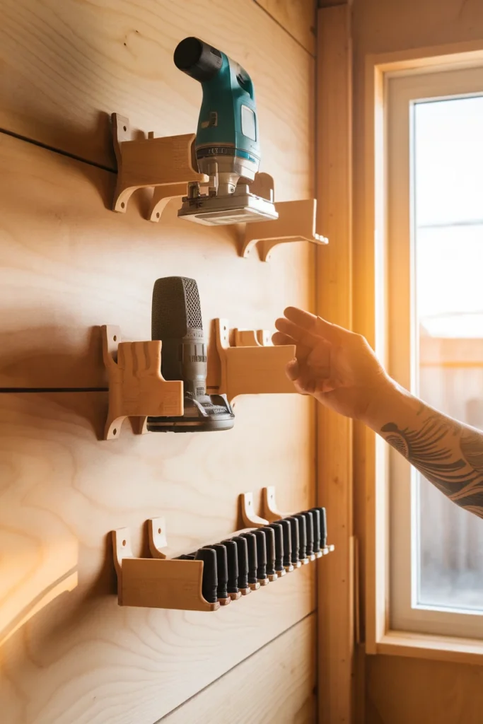 French cleat wall for garage workshop organization holding custom power tool holders