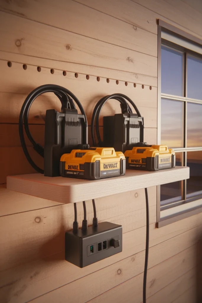 Garage tool organization charging station shelf with cordless batteries and hidden cords