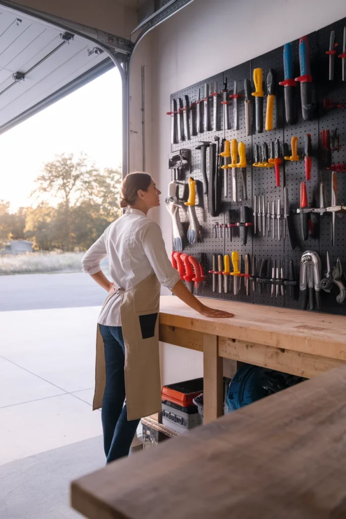 Garage tool organization wall with hand tools hung on black steel pegboard panels