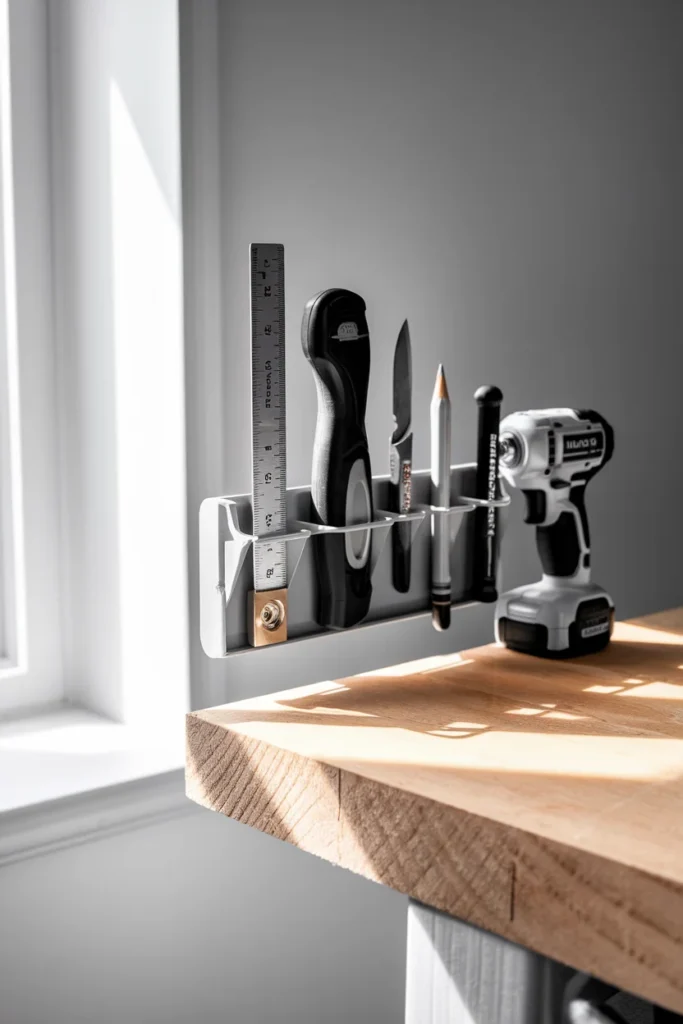 Garage workshop organization Ring 1 tools stored within arm's reach of the bench