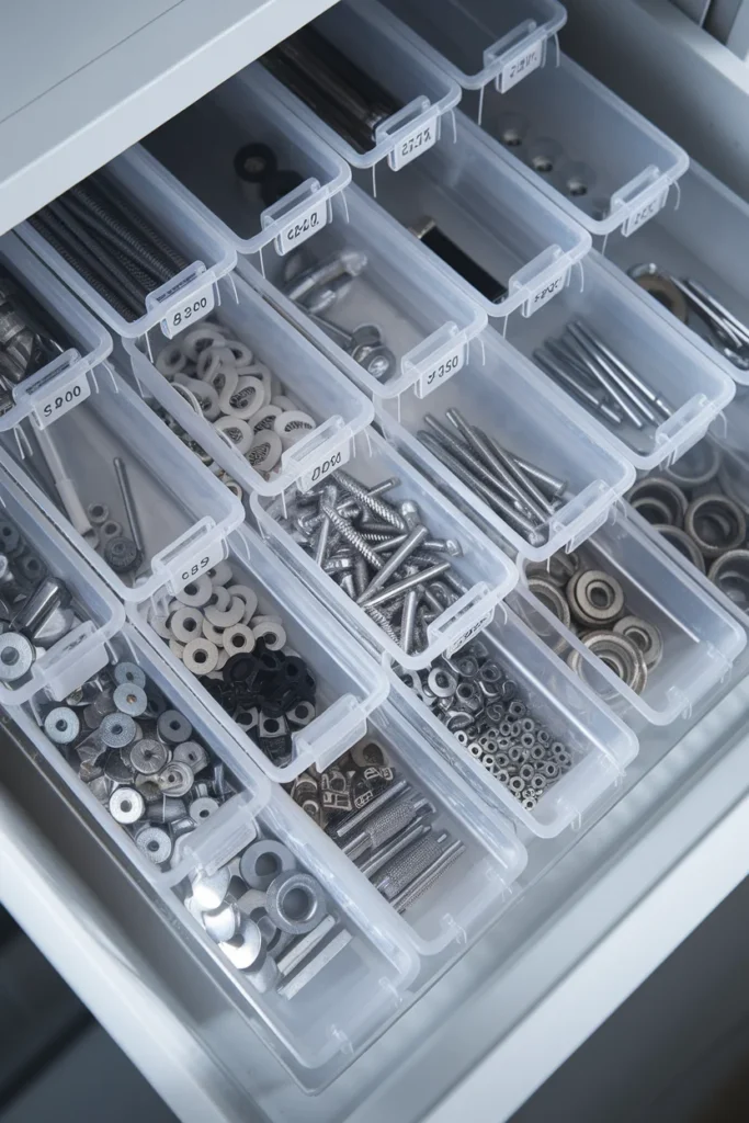 Garage workshop organization for screws and small parts in labeled clear bins