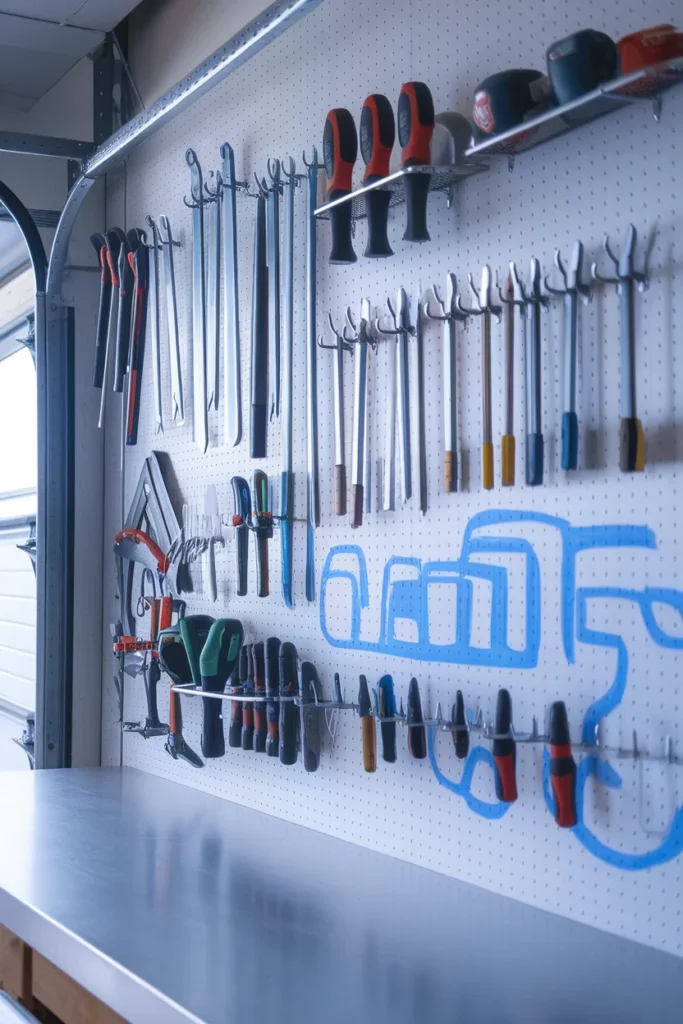 Garage workshop organization pegboard wall with hand tools in labeled zones