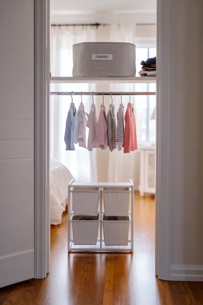 Kids closet organization with a lowered rod and bin storage in the space below