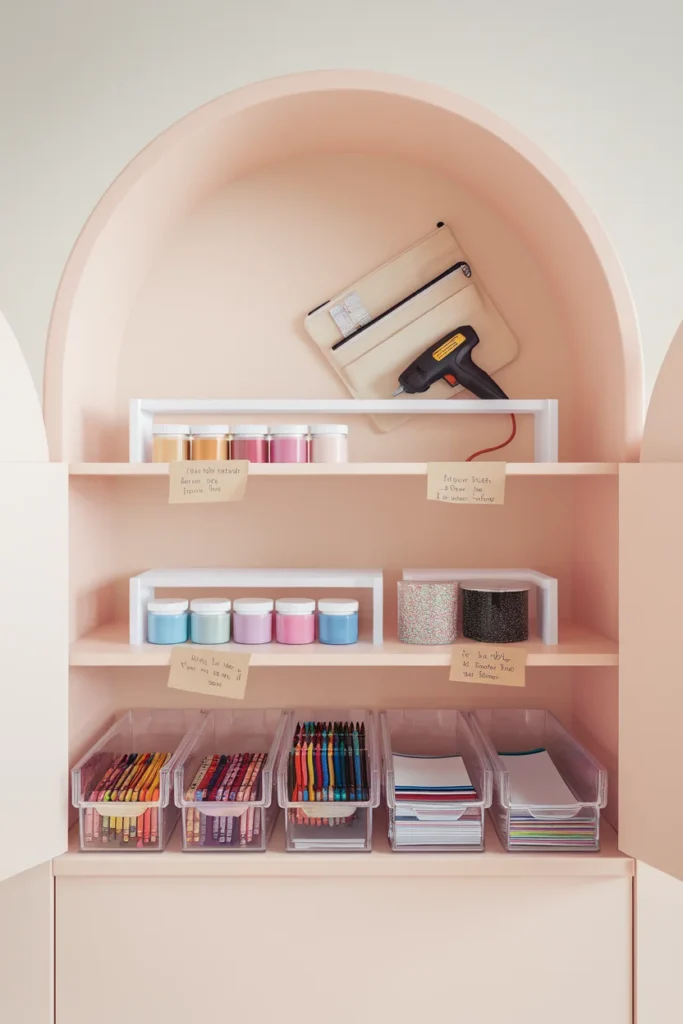 Kids crafts organization shelf zoned by the 3-Shelf Reach Rule