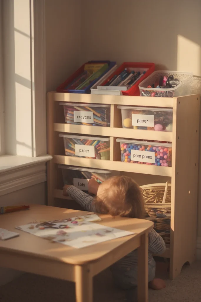 Kids crafts organization station with low labeled bins a child can reach