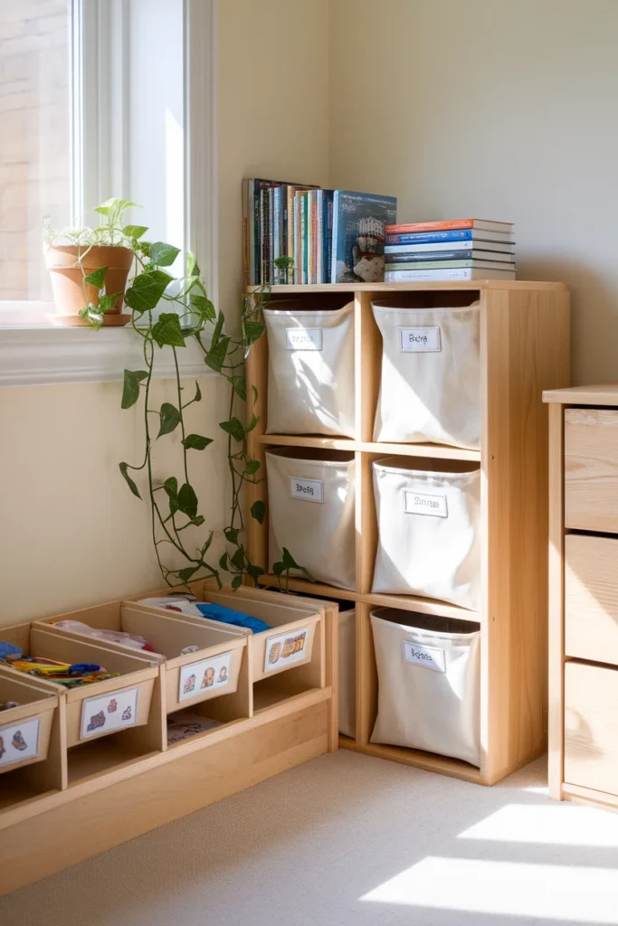 Kids room organization by age with low picture-labeled bins and taller cube storage