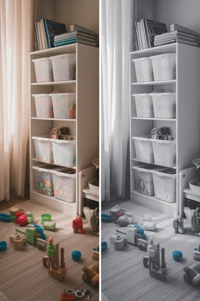 Kids room organization comparison showing high lidded bins versus low open bins