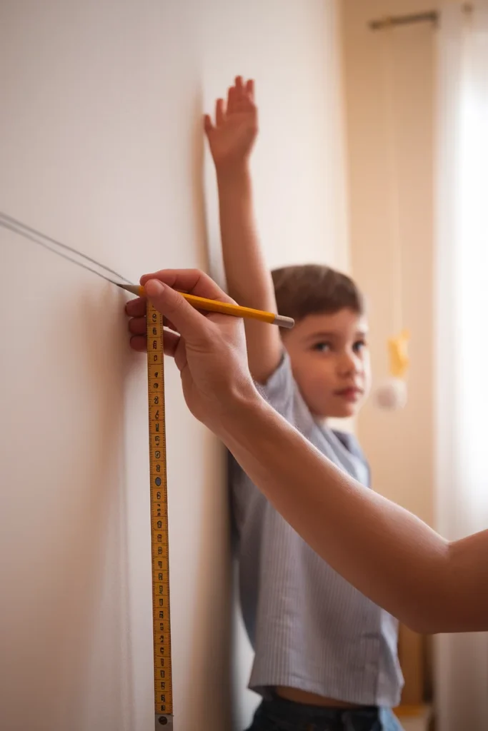 Kids room organization planning measuring a child's reach line on a wall