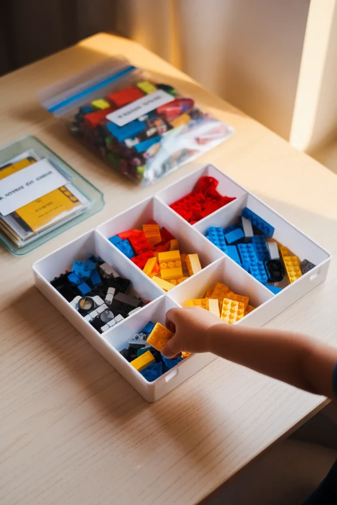 Kids room organization small parts fix using shallow trays for LEGO and games