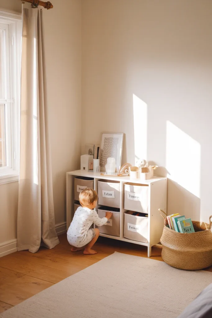 Kids room organization with low labeled bins a child can reach and put away alone