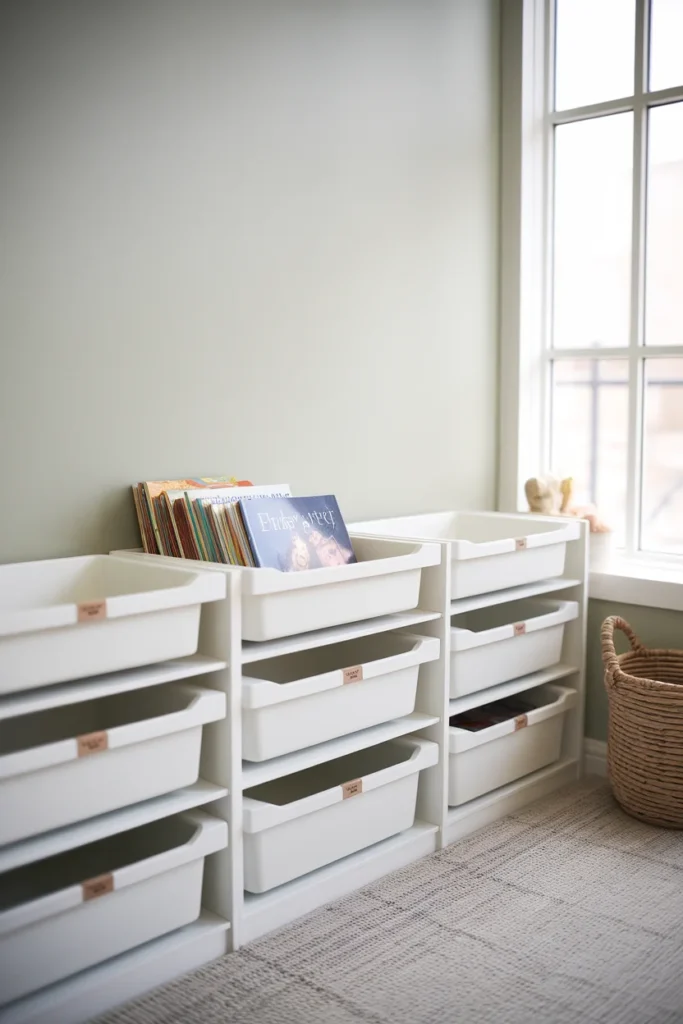 Kids room storage ideas using low open bins sized to a child's reach line