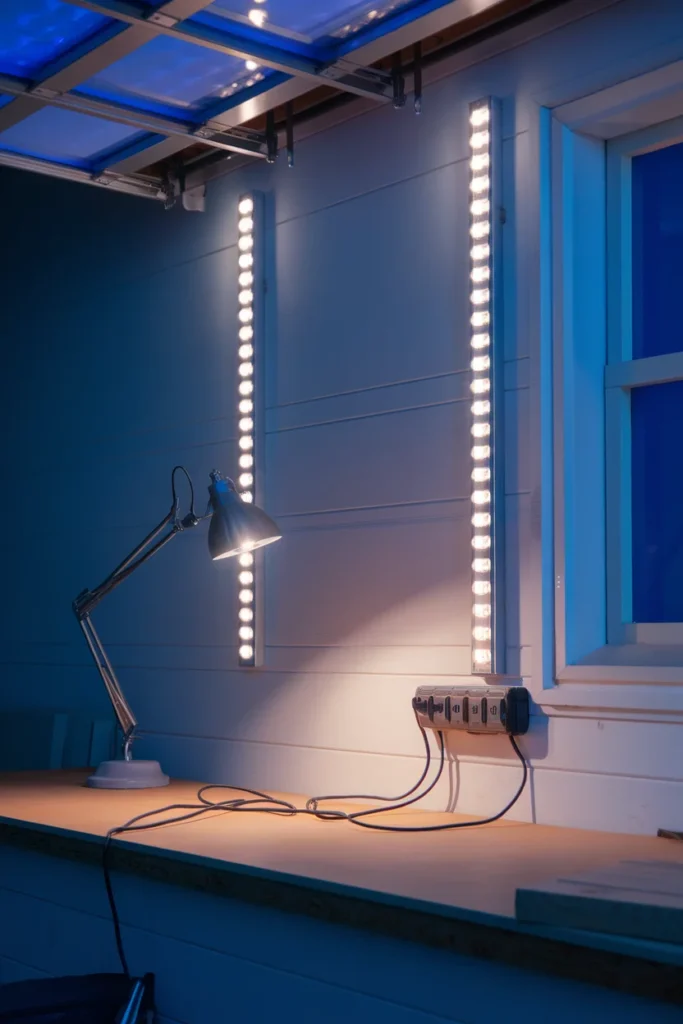 LED shop lighting setup for garage workshop organization over a lit workbench