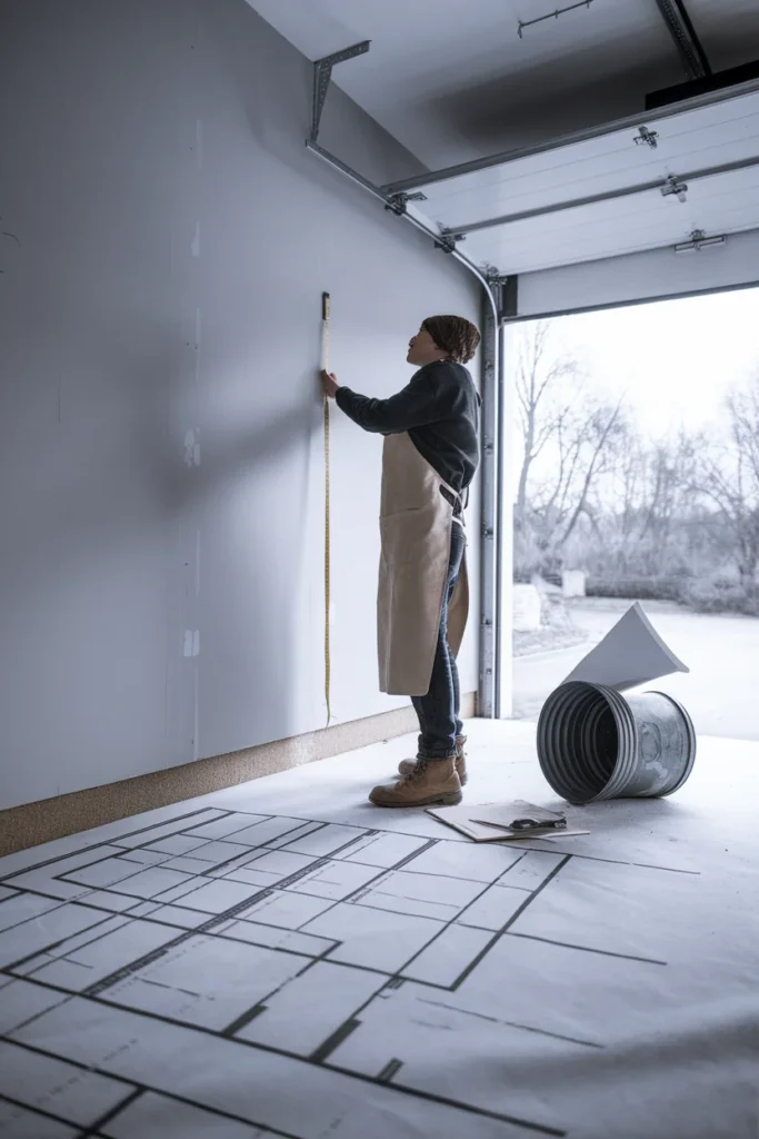Measuring a garage for workshop layout planning before organizing tools