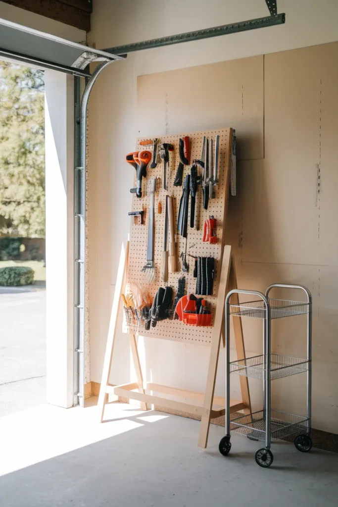 No drill garage tool organization with a freestanding leaning pegboard panel for renters