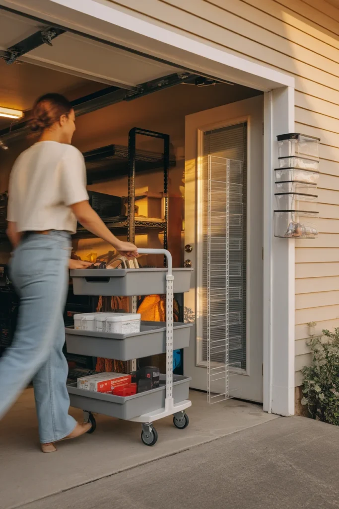 No-drill small garage organization with a rolling cart and freestanding shelving for renters