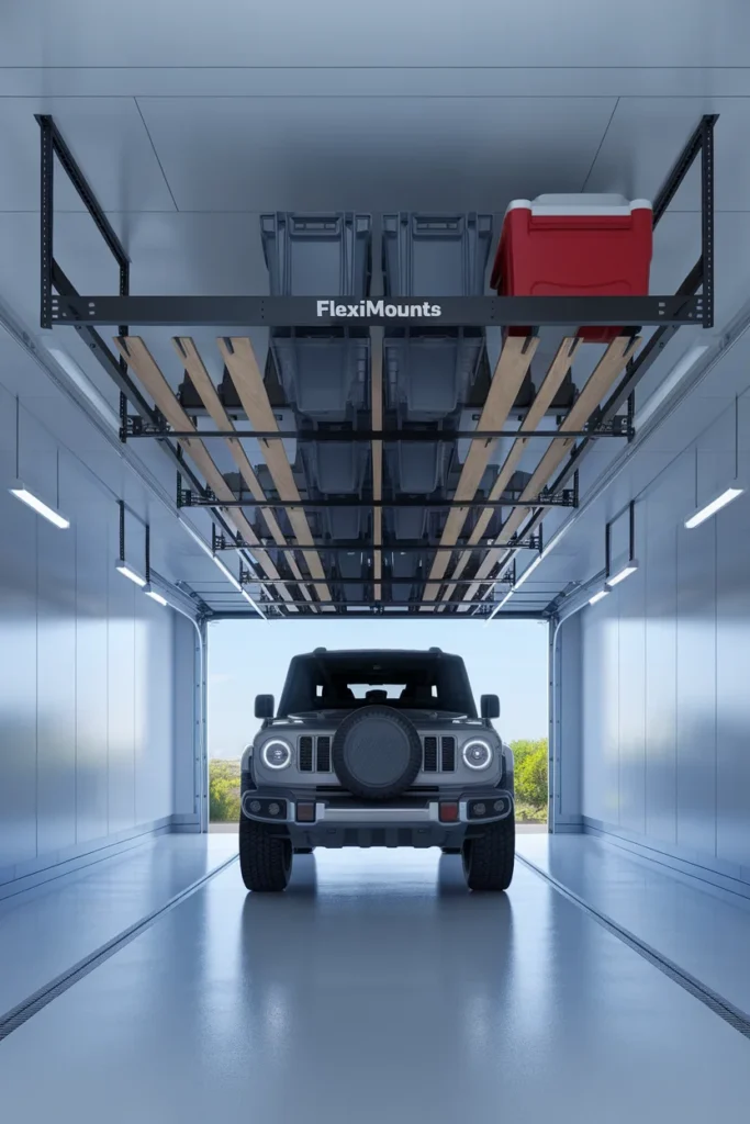 Overhead ceiling rack above a car hood for two car garage organization