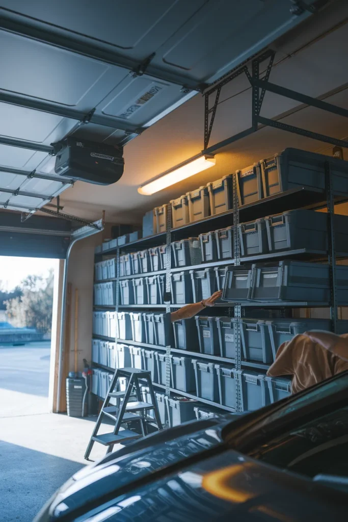 Overhead ceiling rack with labeled bins above a car for small garage organization