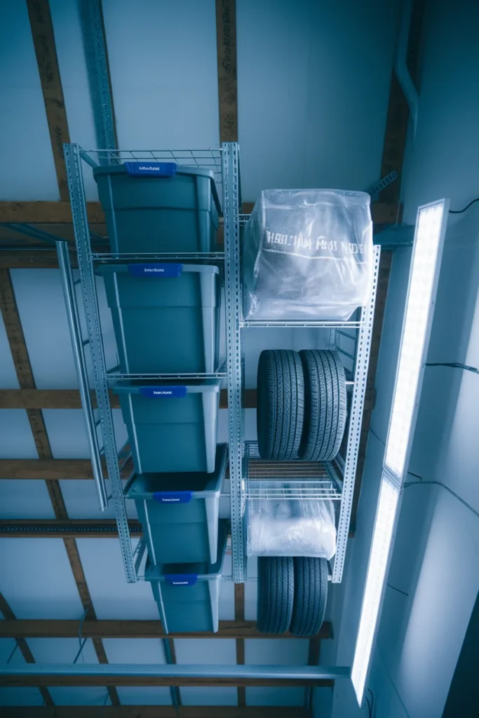 Overhead garage storage rack holding labeled seasonal bins above a workshop