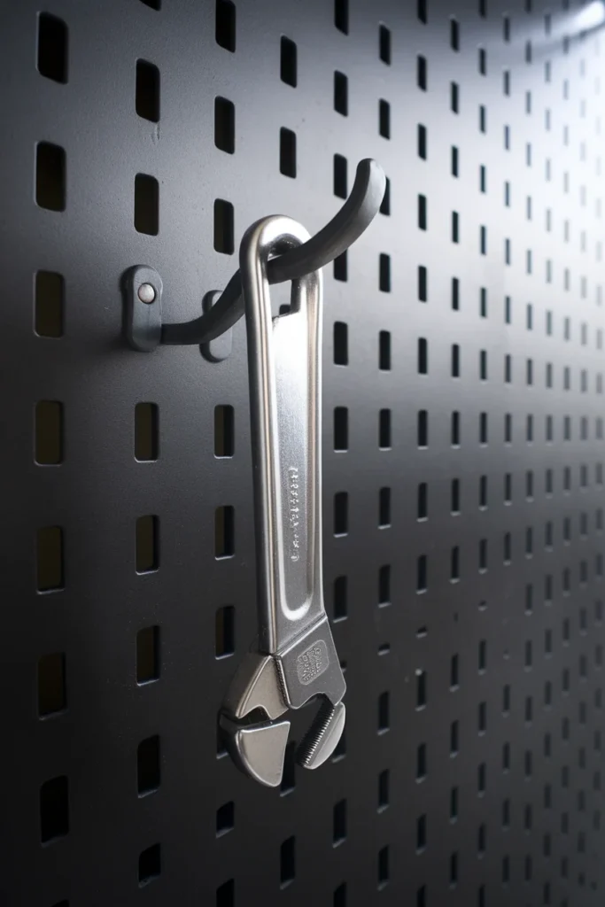 Pegboard hook weight limit for garage tool organization, hook seated in two slots