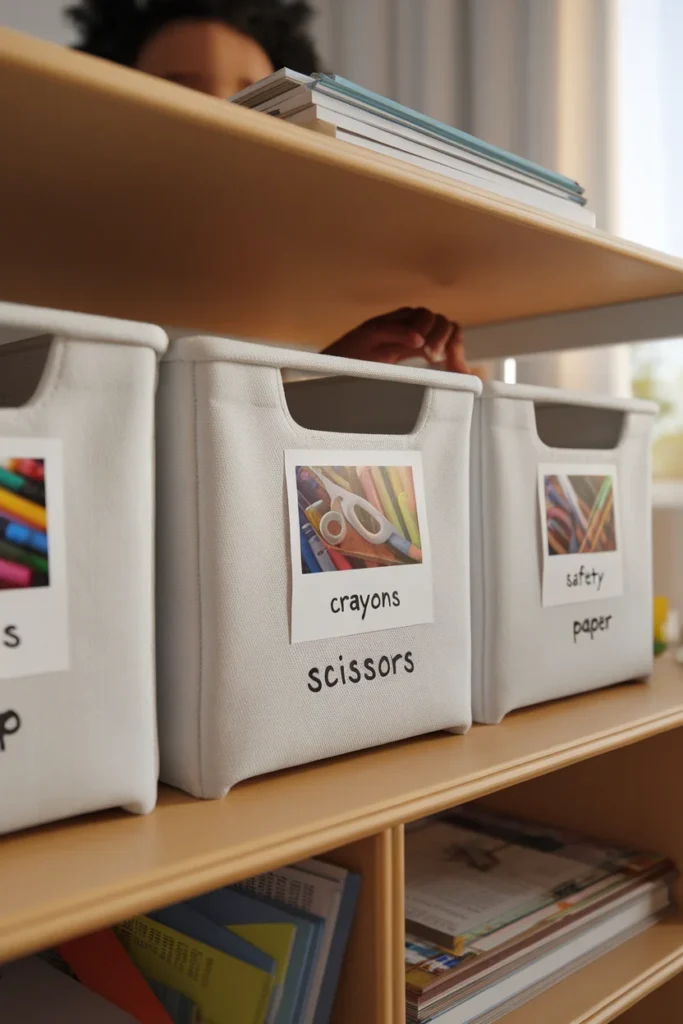 Photo labels for kids crafts organization bins for pre readers