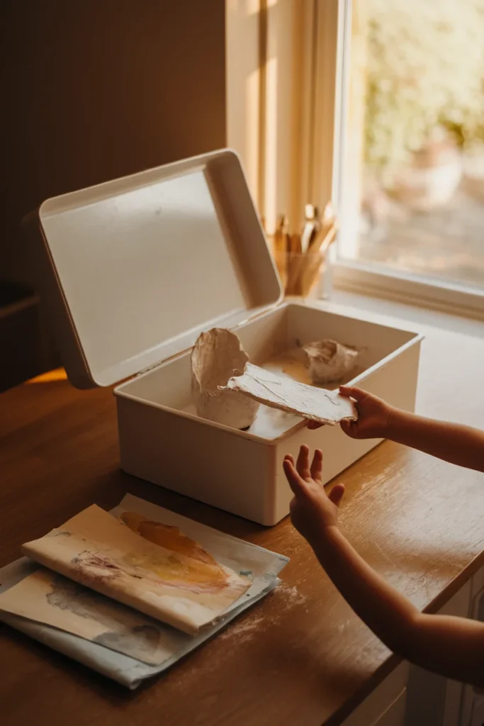 Project box for unfinished work in kids crafts organization