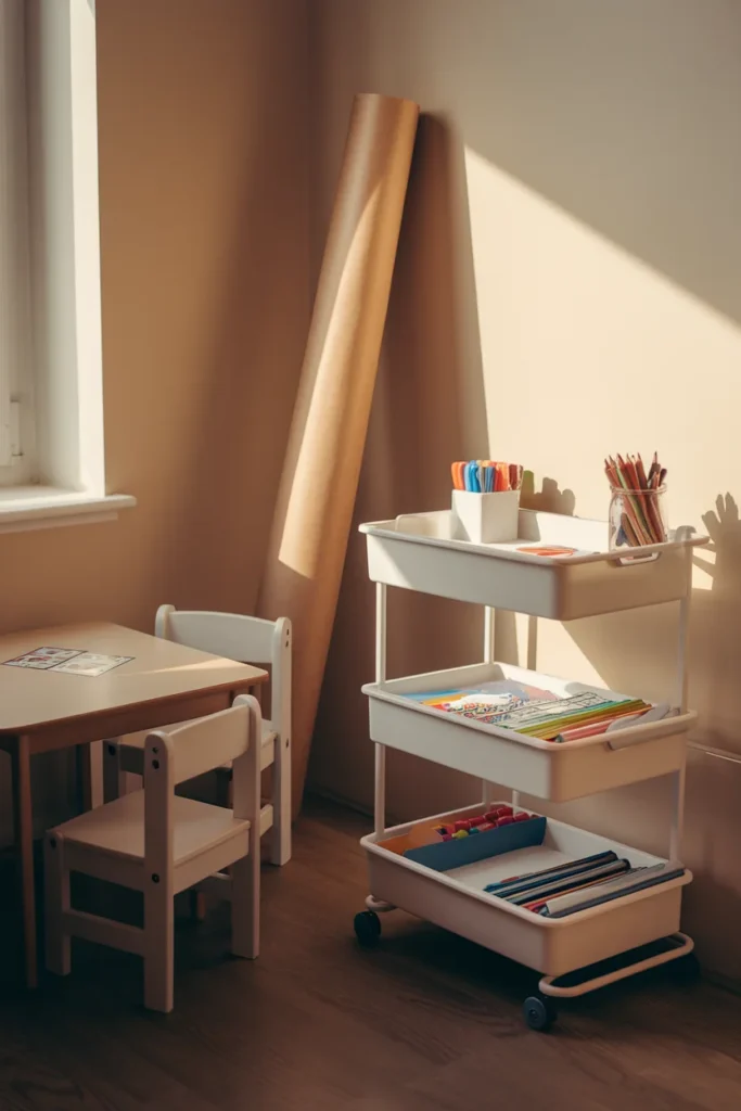 Rolling cart craft station for kids crafts organization in a small apartment